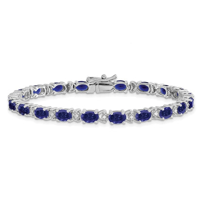 14k White Gold Oval Created Sapphire and Natural Diamond Bracelet