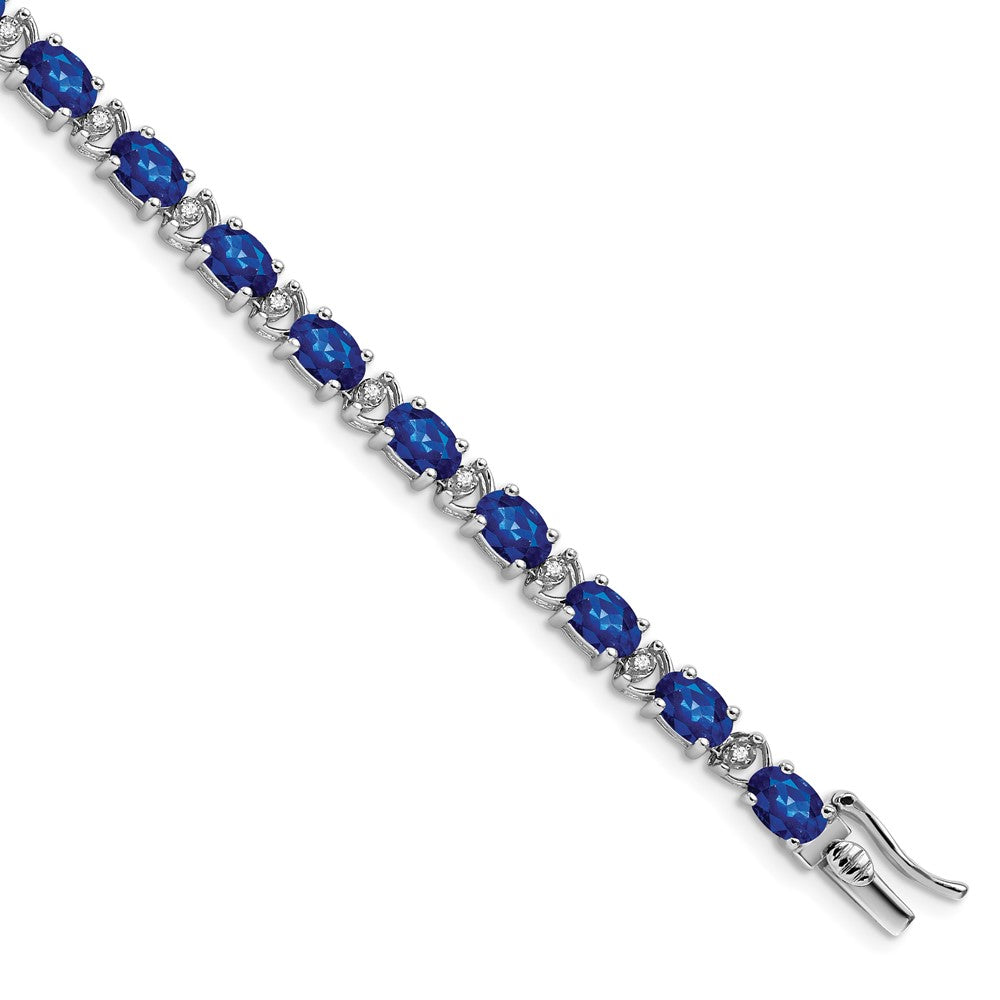 14k White Gold Oval Created Sapphire and Natural Diamond Bracelet