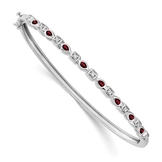 14k White Gold Garnet and Natural Diamond Bangle