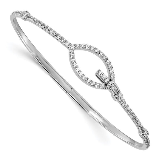 14k White Gold Polished Natural Diamond Oval Buckle Hinged Bangle