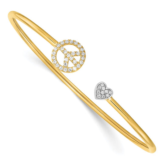 14k Two-tone Natural Diamond Peace & Heart Cuff Bangle