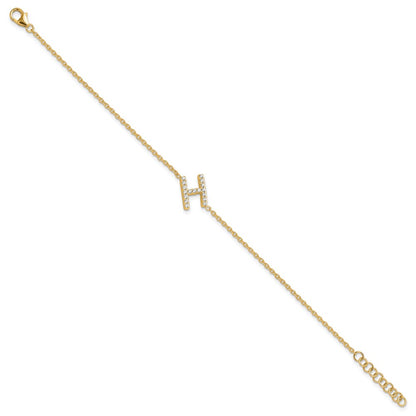 14k Yellow Gold Natural Diamond Sideways Letter H  w/ 1in ext. Bracelet