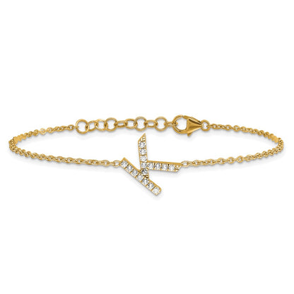 14k Yellow Gold Natural Diamond Sideways Letter K w/ 1in ext. Bracelet