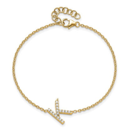14k Yellow Gold Natural Diamond Sideways Letter K w/ 1in ext. Bracelet