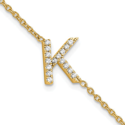 14k Yellow Gold Natural Diamond Sideways Letter K w/ 1in ext. Bracelet