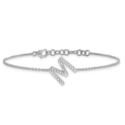 14KW Natural Diamond Sideways Letter M w/ 1in ext. Bracelet