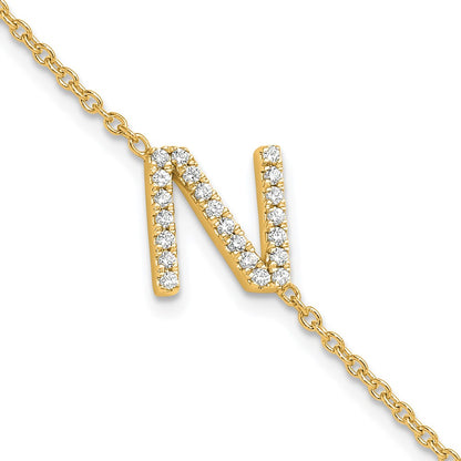 14k Yellow Gold Natural Diamond Sideways Letter N w/ 1in ext. Bracelet