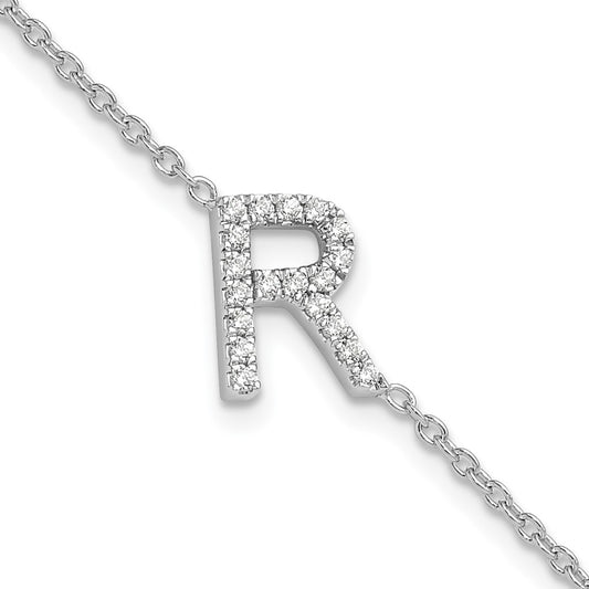 14KW Natural Diamond Sideways Letter R w/ 1in ext. Bracelet