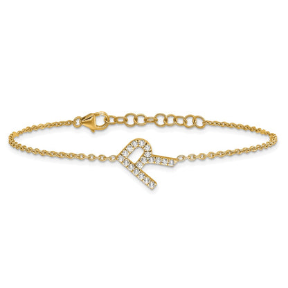 14k Yellow Gold Natural Diamond Sideways Letter R w/ 1in ext. Bracelet