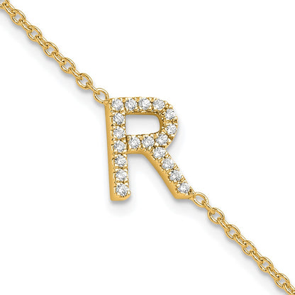 14k Yellow Gold Natural Diamond Sideways Letter R w/ 1in ext. Bracelet