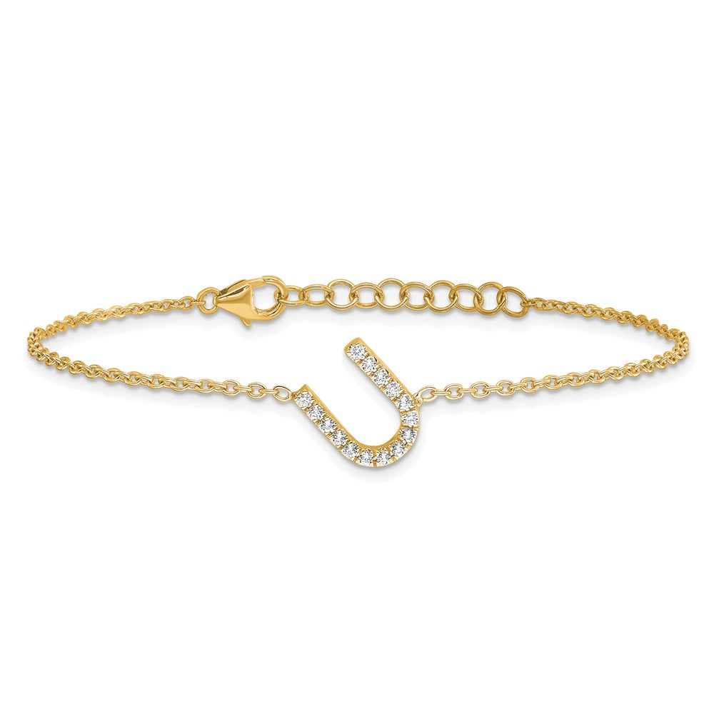 14k Yellow Gold Natural Diamond Sideways Letter U w/ 1in ext. Bracelet