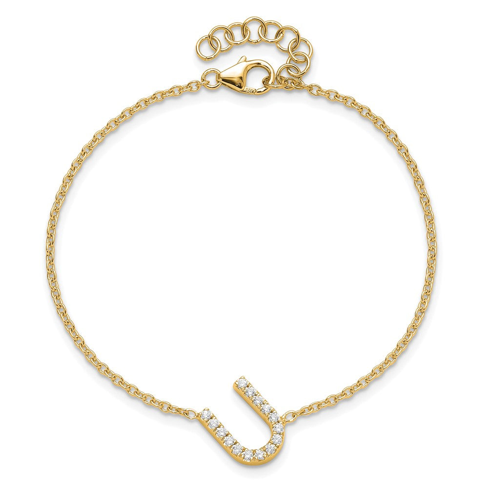 14k Yellow Gold Natural Diamond Sideways Letter U w/ 1in ext. Bracelet