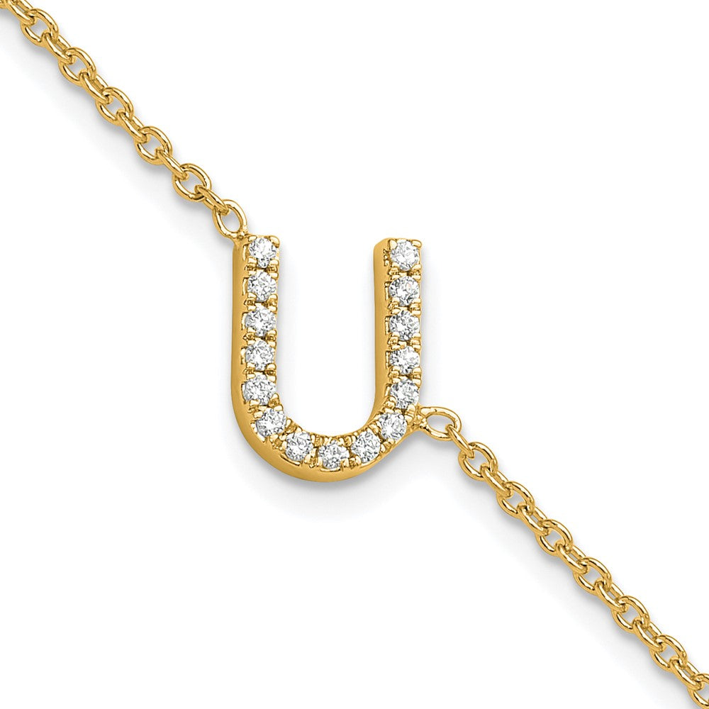 14k Yellow Gold Natural Diamond Sideways Letter U w/ 1in ext. Bracelet