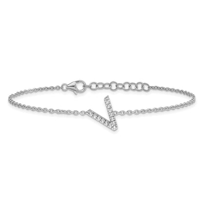 14KW Natural Diamond Sideways Letter V w/ 1in ext. Bracelet