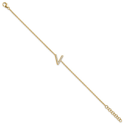14k Yellow Gold Natural Diamond Sideways Letter V w/ 1in ext. Bracelet