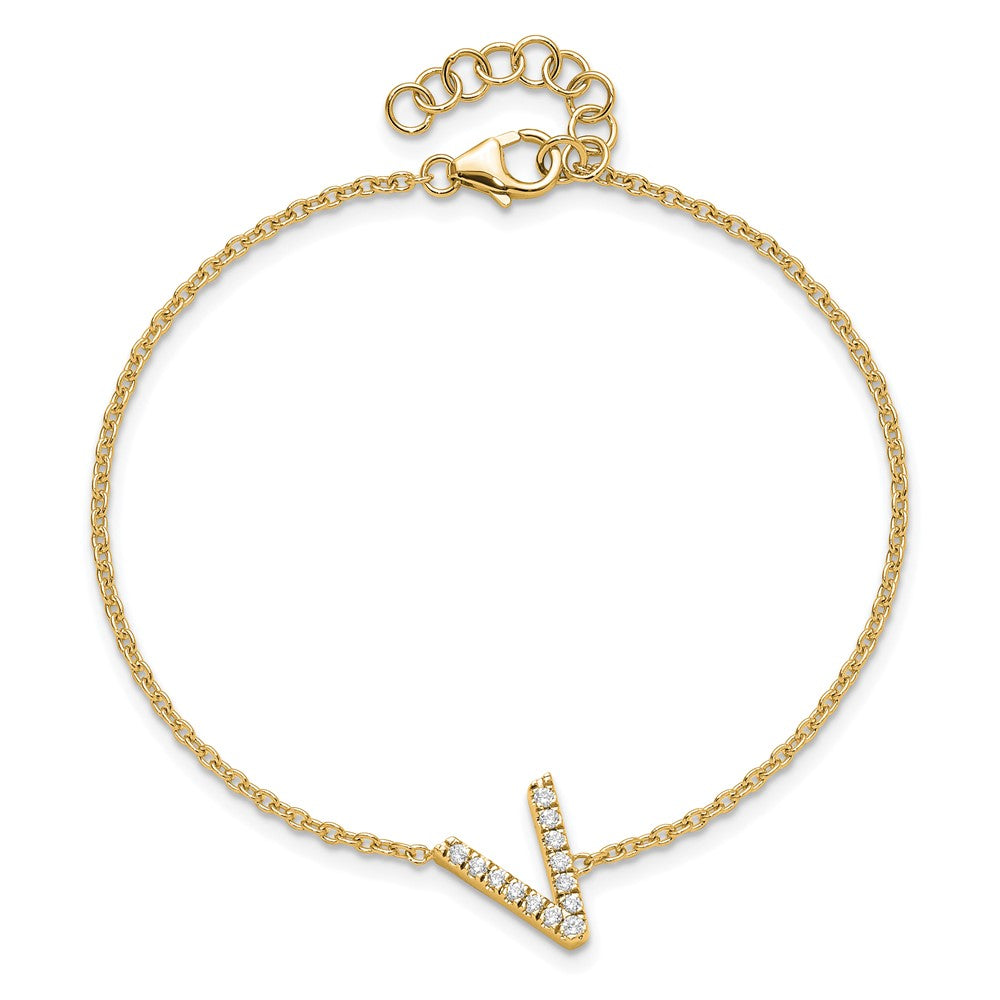 14k Yellow Gold Natural Diamond Sideways Letter V w/ 1in ext. Bracelet
