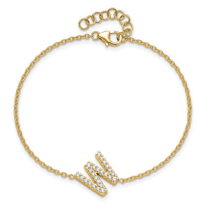 14k Yellow Gold Natural Diamond Sideways Letter W w/ 1in ext. Bracelet