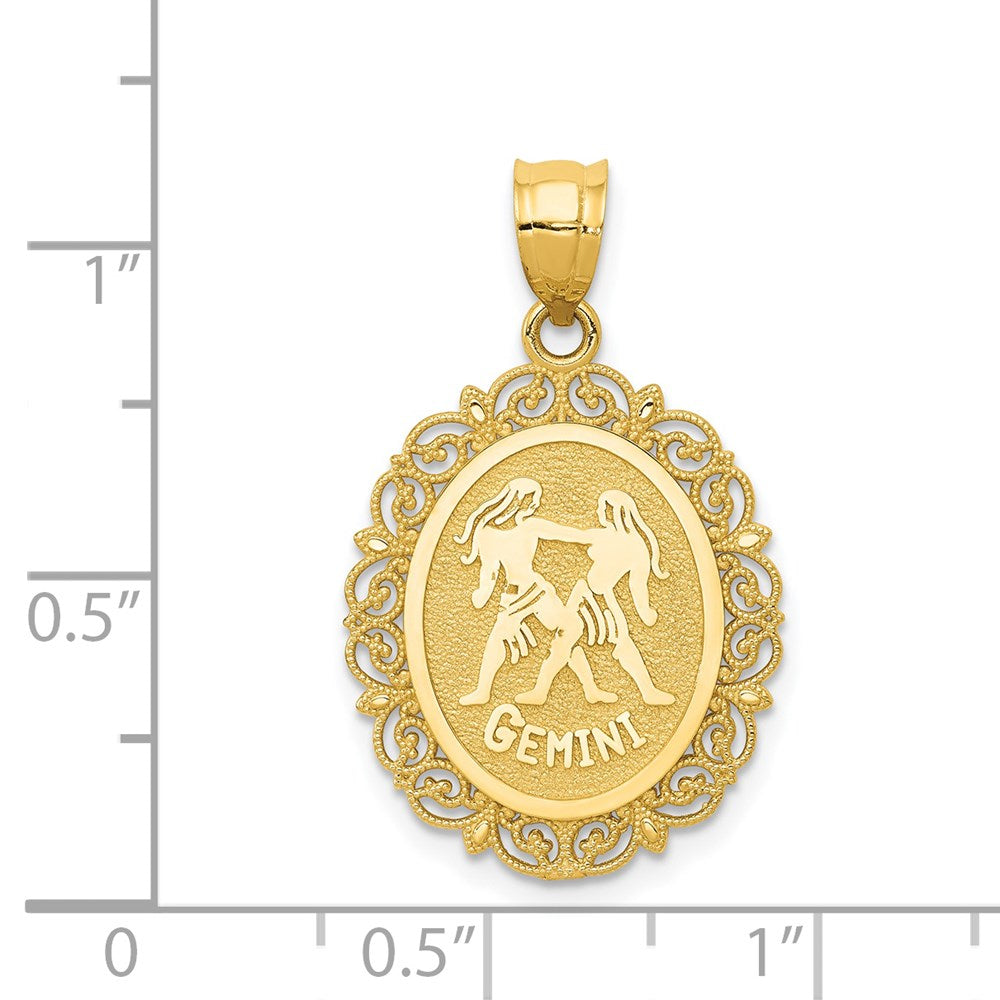 14k Yellow Gold Solid Satin Polished Gemini Zodiac Oval Pendant