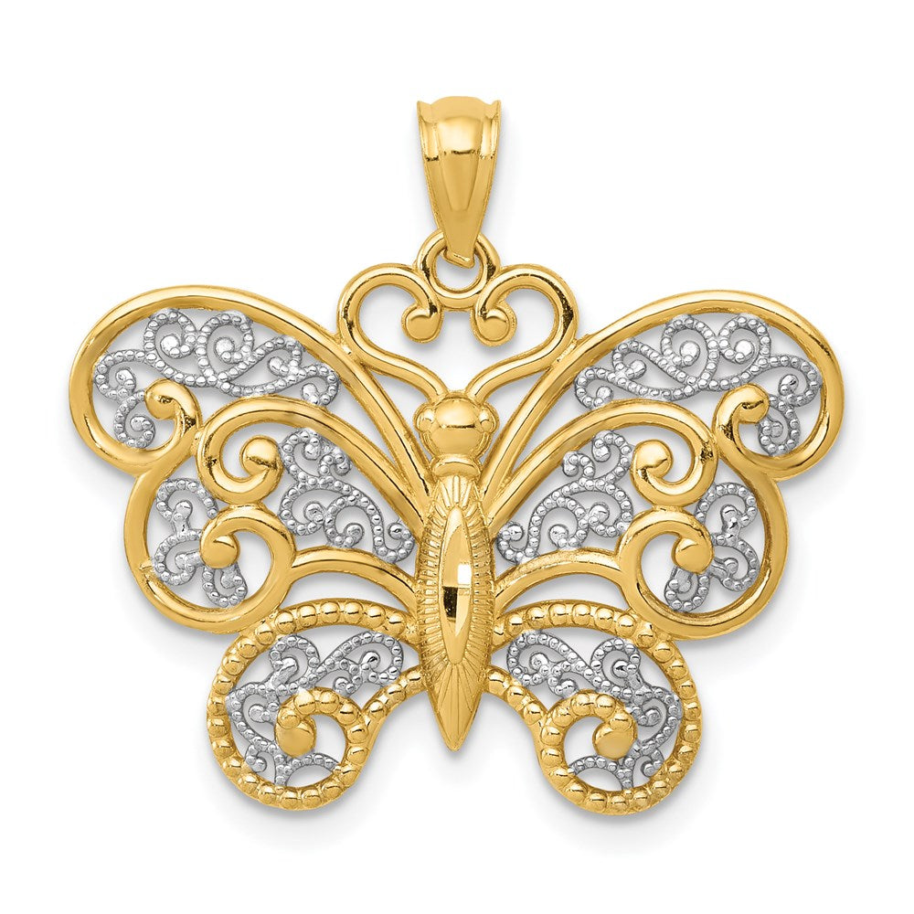 14k Yellow & Rhodium Gold with Rhodium Filigree Butterfly Pendant