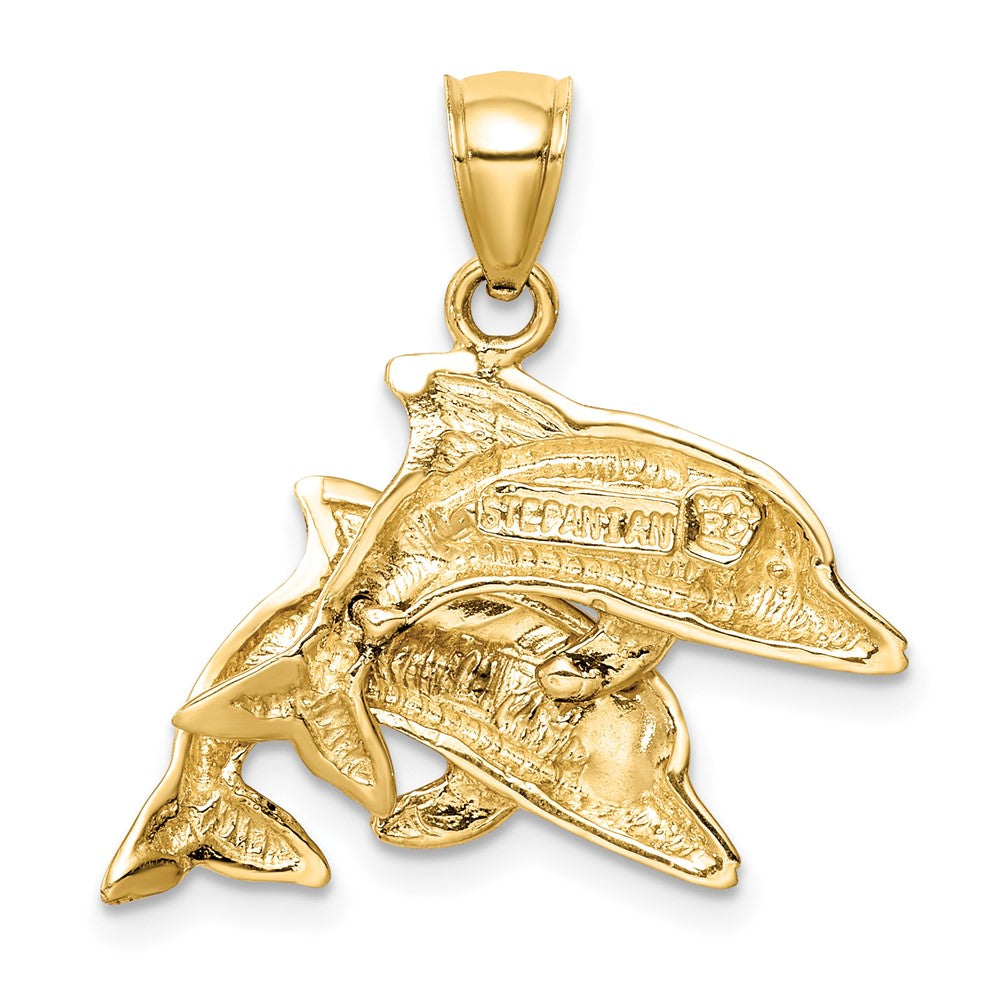 14k Yellow Gold Lab Created Opal Double Dolphin Pendant