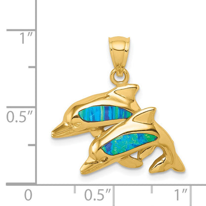 14k Yellow Gold Lab Created Opal Double Dolphin Pendant