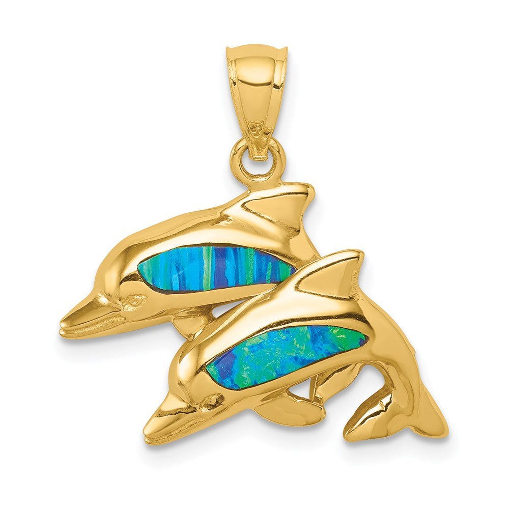 14k Yellow Gold Lab Created Opal Double Dolphin Pendant