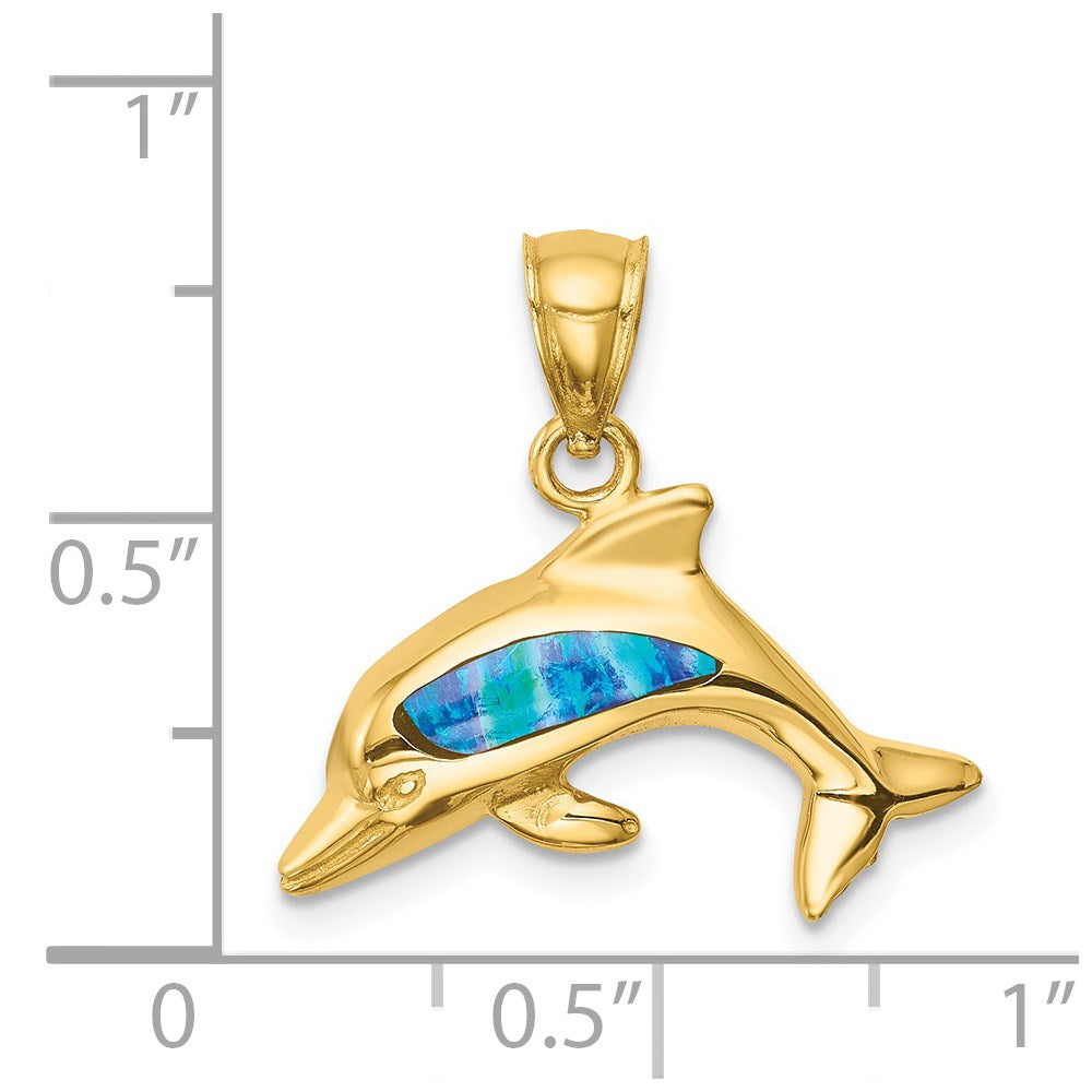 14k Yellow Gold Lab Created Opal Dolphin Pendant