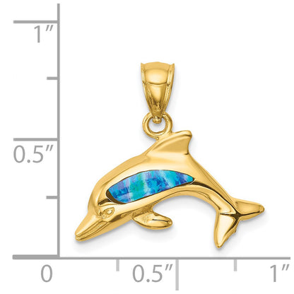 14k Yellow Gold Lab Created Opal Dolphin Pendant
