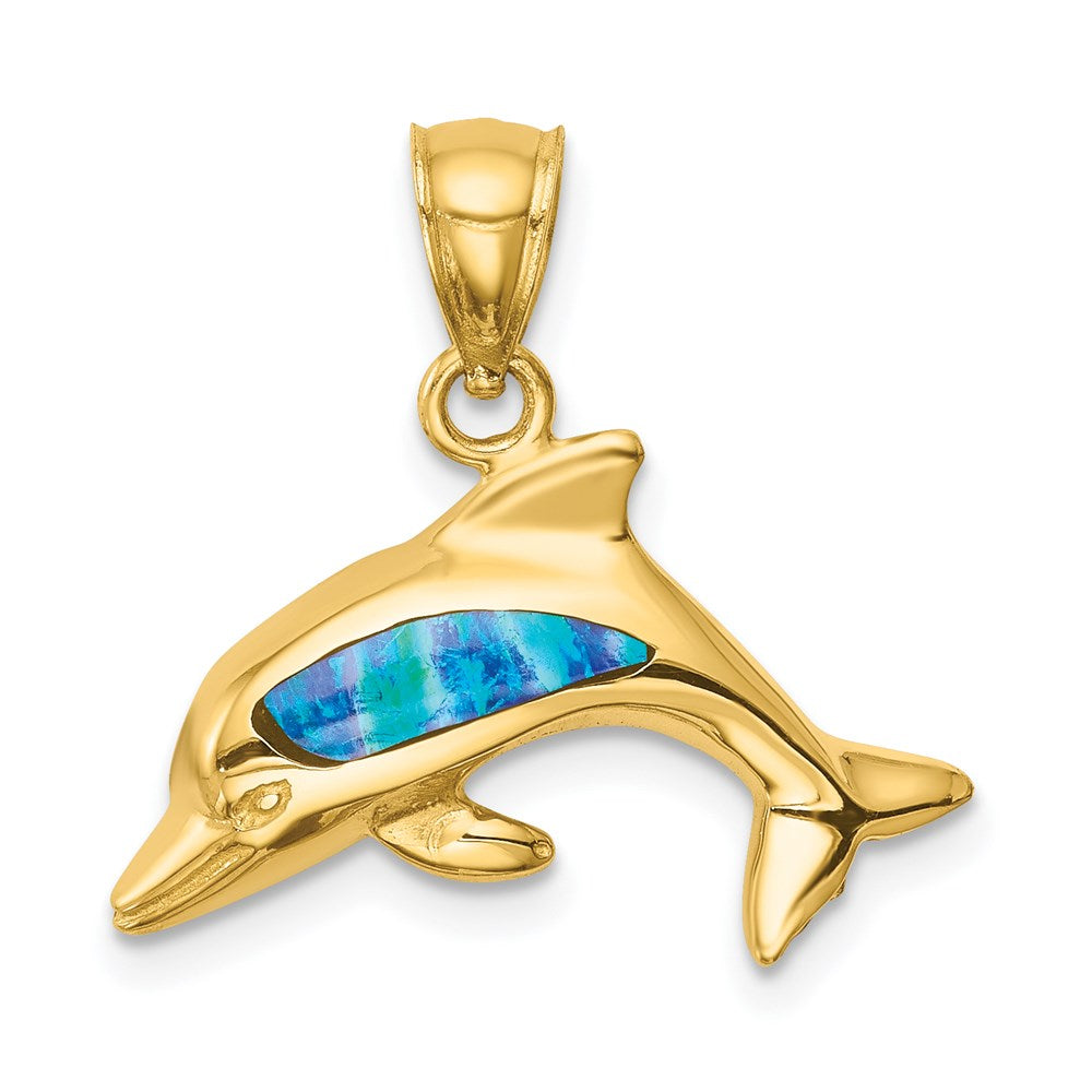 14k Yellow Gold Lab Created Opal Dolphin Pendant