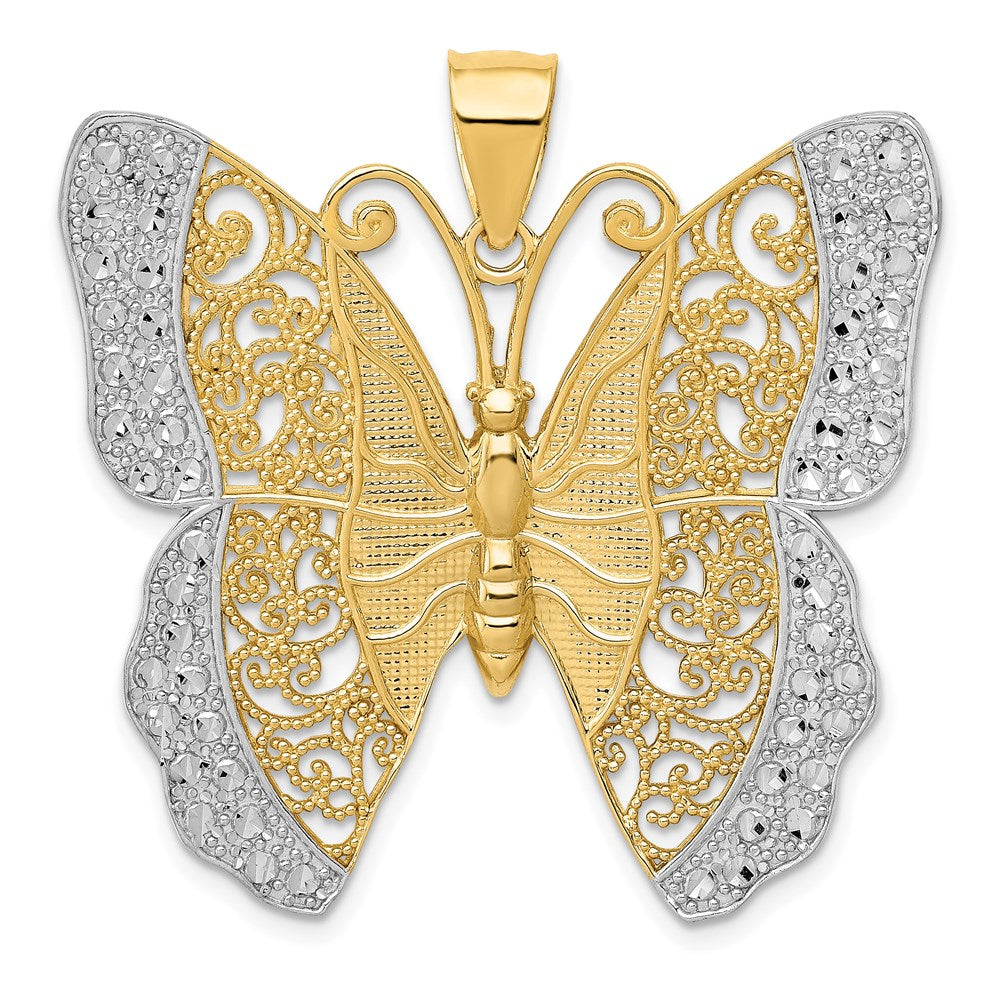14k Yellow & Rhodium Gold w/ Rhodium Solid Polished Diamond-cut Filigree Butterfly Pendant