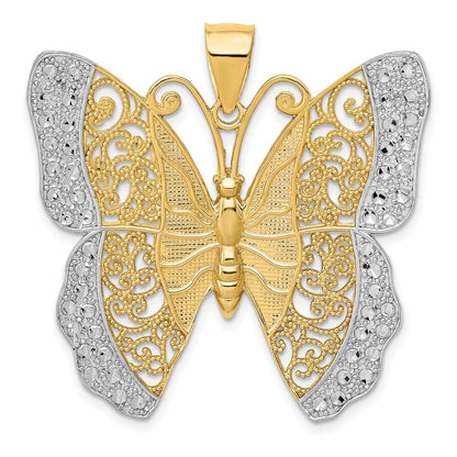 14k Yellow & Rhodium Gold w/ Rhodium Solid Polished Diamond-cut Filigree Butterfly Pendant
