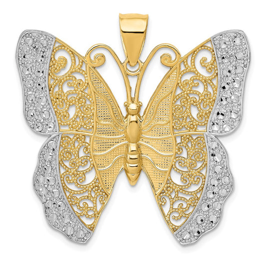 14k Yellow & Rhodium Gold w/ Rhodium Solid Polished Diamond-cut Filigree Butterfly Pendant