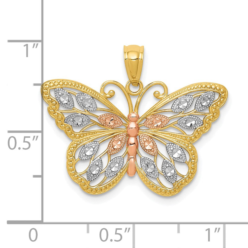 14k Yellow & Rhodium Gold w/White and Rose Rhodium Diamond-cut Butterfly Pendant