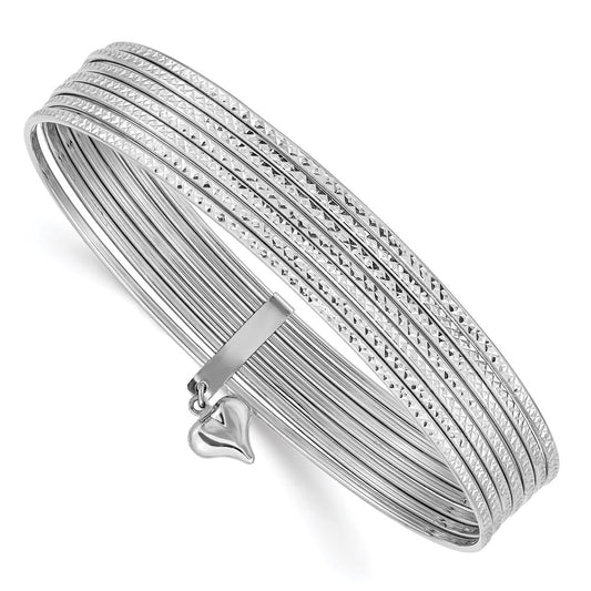 14k White Gold WG w/ Dangle Heart Textured Set of 7 Slip-on Bangles