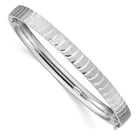 14k White Gold Polished and Brushed Diamond-cut Hinged Bangle