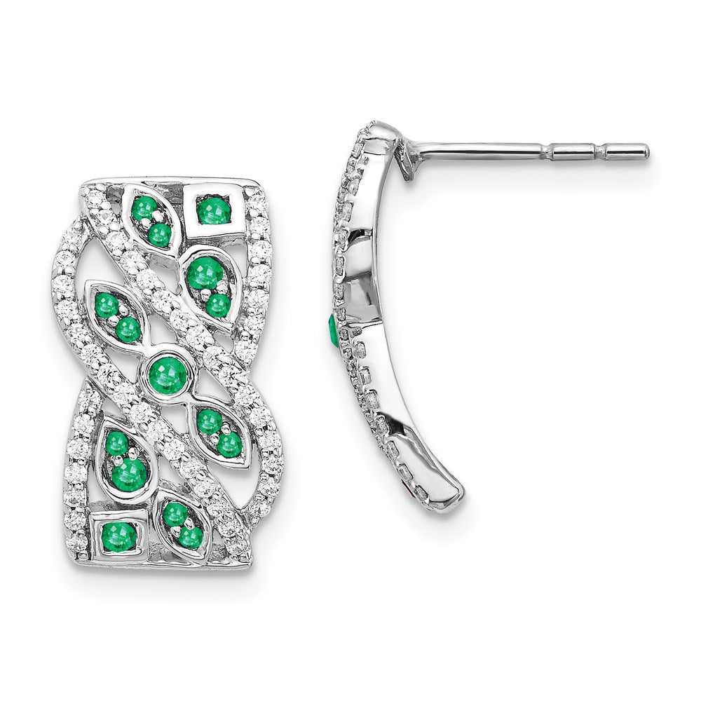 Solid 14k White Gold Simulated CZ & Emerald Fancy Earrings