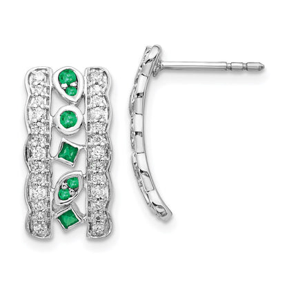 Solid 14k White Gold Simulated CZ & Emerald Fancy Earrings