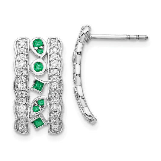 Solid 14k White Gold Simulated CZ & Emerald Fancy Earrings