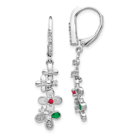 14k White Gold Real Diamond, Ruby & Emerald Flower Leverback Earrings EM3987-R/E-020-WA