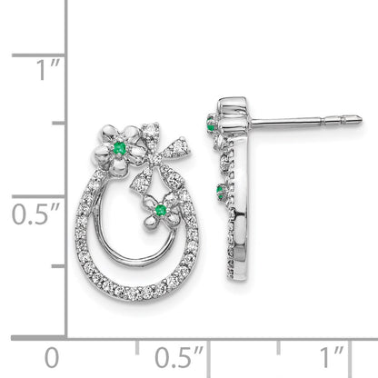 Solid 14k White Gold Simulated CZ & Emerald Flower Earrings
