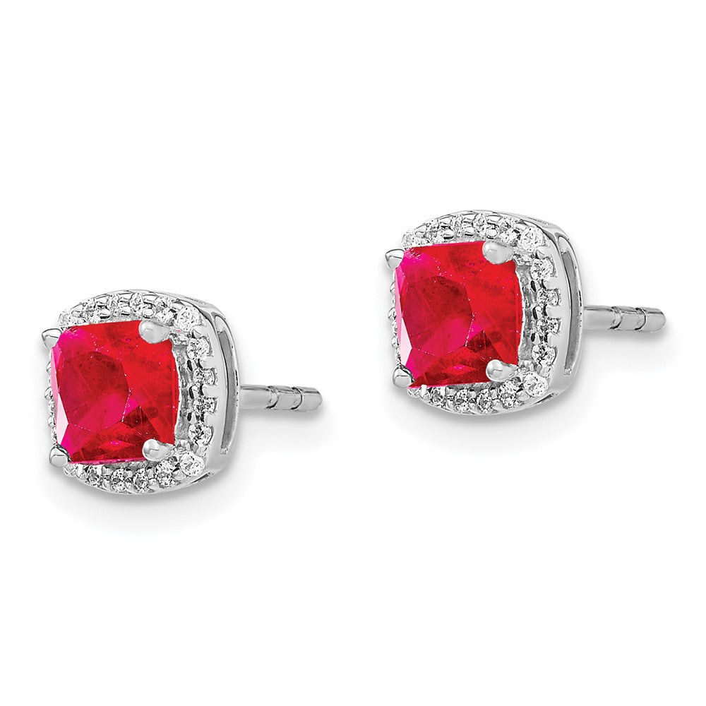 14k White Gold Cushion Ruby and Real Diamond Halo Earrings EM4241-RU-015-WA