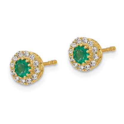 Solid 14k Yellow Gold Simulated CZ and Emerald Halo Post Earrings