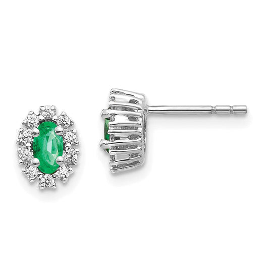 14k White Gold 1/5Ct Real Diamond and Emerald Oval Halo Earrings EM5591-EM-020-WA