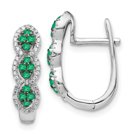 Solid 14k White Gold Simulated CZ and Emerald Hinged Earrings