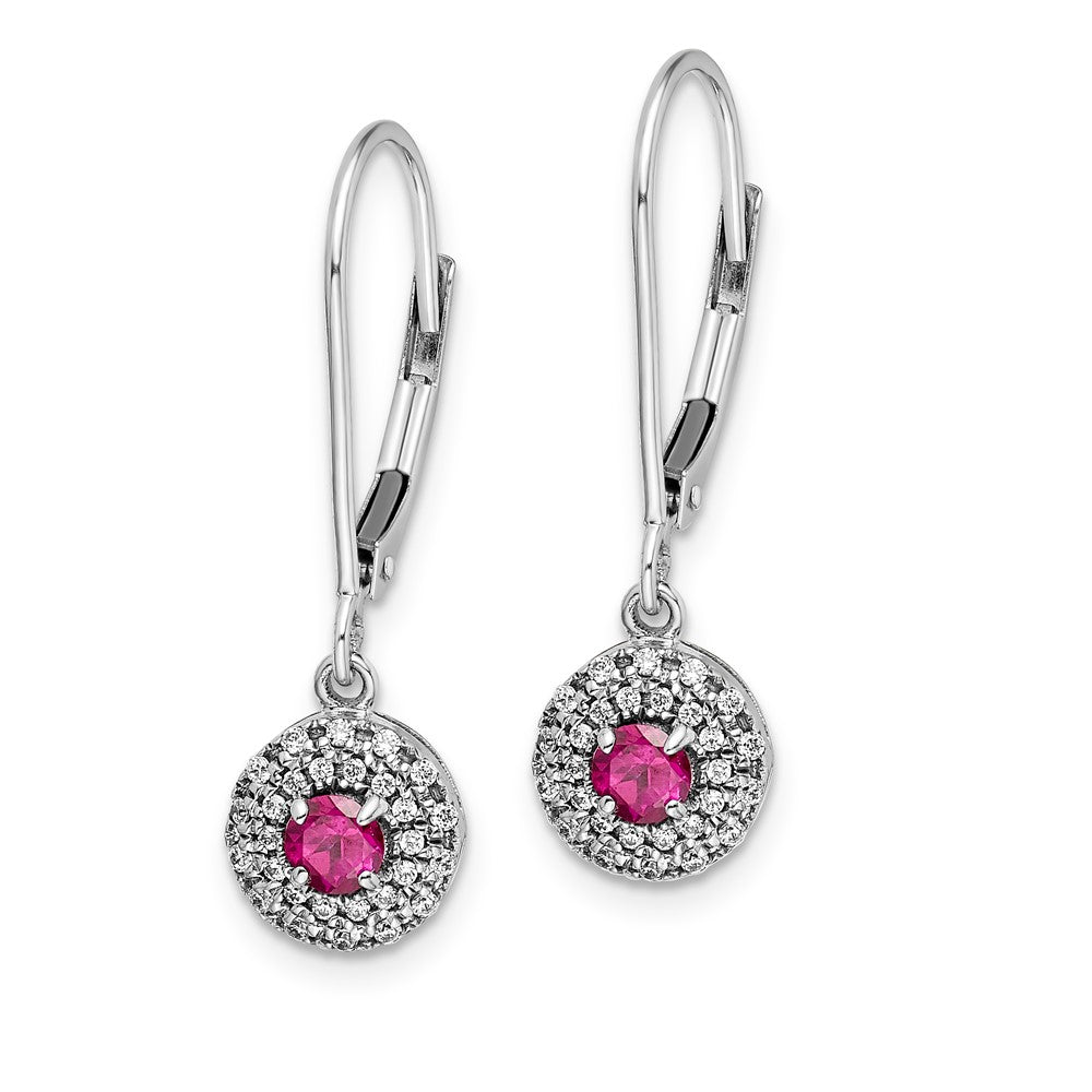 14k White Gold Real Diamond Halo Ruby Leverback Dangle Earrings EM5605-RU-020-WA