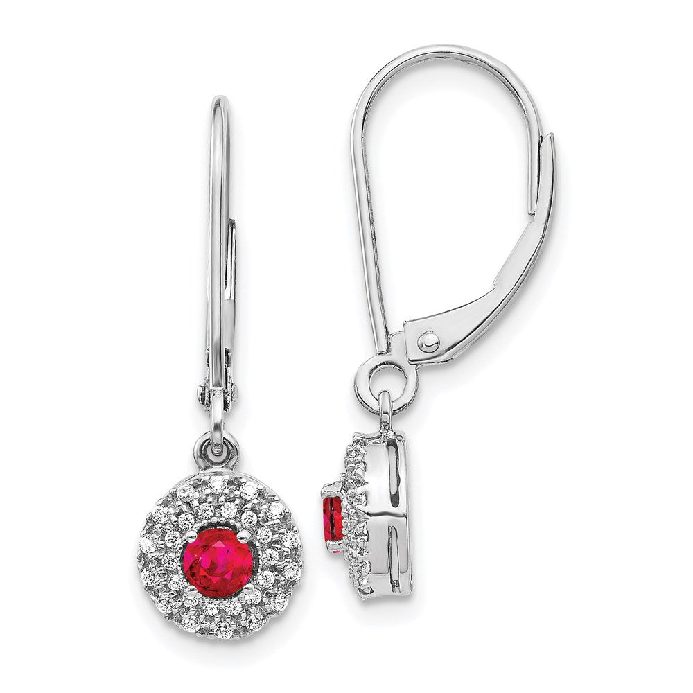 14k White Gold Real Diamond Halo Ruby Leverback Dangle Earrings EM5605-RU-020-WA
