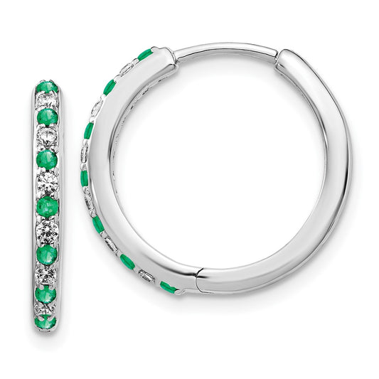 Solid 14k White Gold Simulated CZ and Emerald Hinged Hoop Earrings