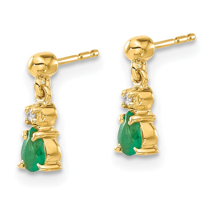 Solid 14k Yellow Gold Simulated Emerald and CZ Dangle Earrings