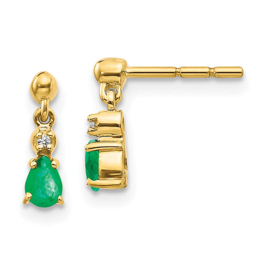 Solid 14k Yellow Gold Simulated Emerald and CZ Dangle Earrings