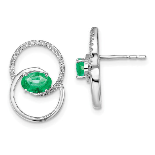 Solid 14k White Gold Double Circle Simulated Emerald Simulated/Simulated CZ Post Earrings